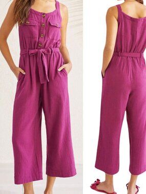 Gauze Cotton Wide Leg Jumpsuit 2X Pockets Muslin Sleeveless Belted Cropped Boho